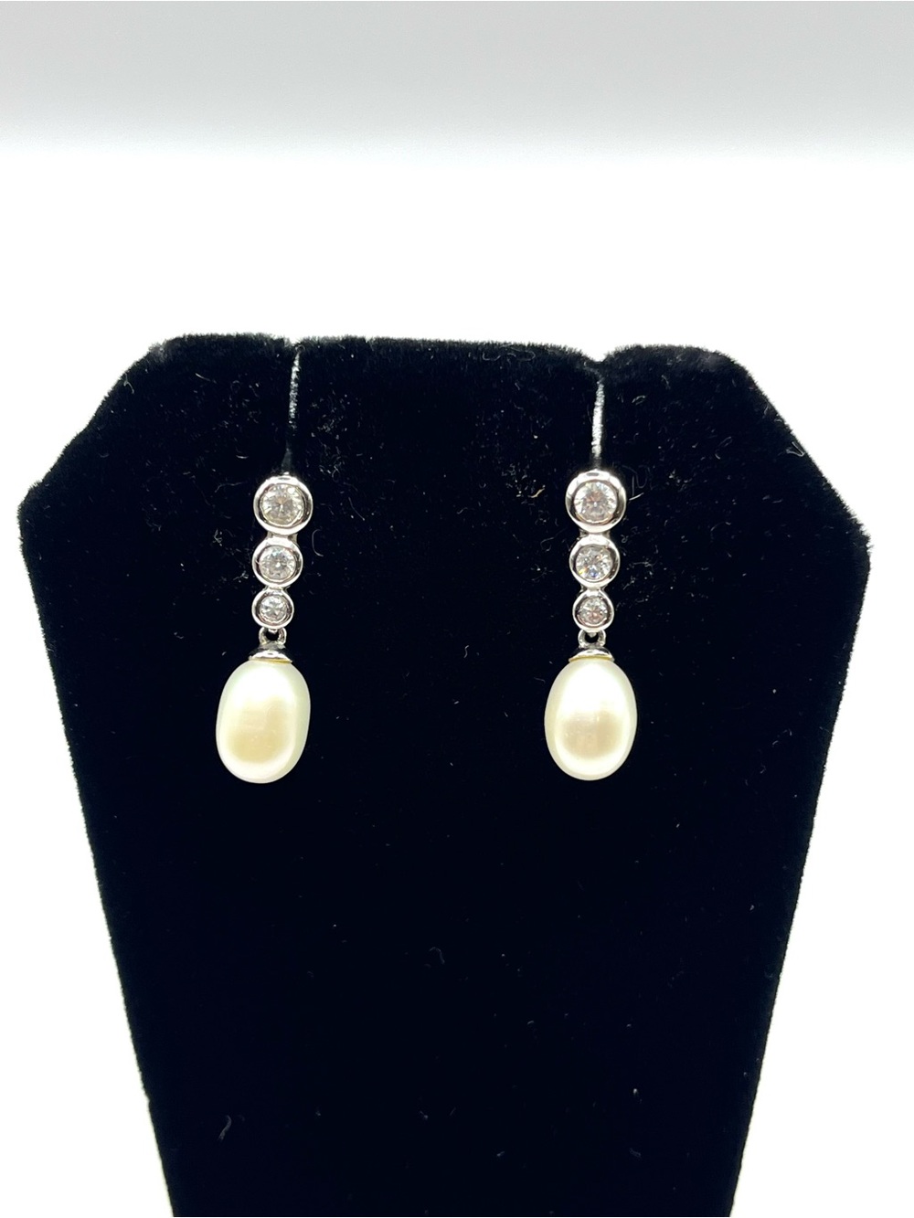 FD Felicia Design 925  Sterling Silver Earrings Faux Pearl  CZ Dangle Post